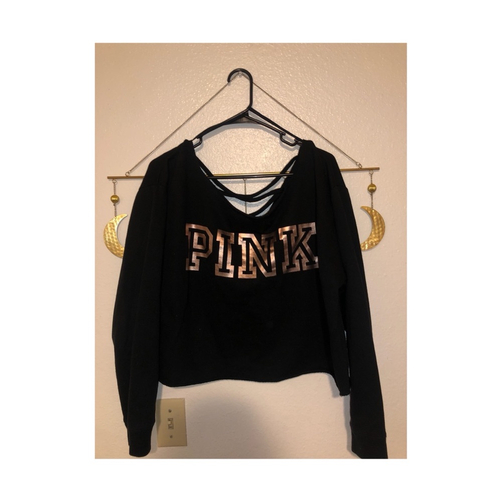 VS PINK black sweatshirt with rose gold lettering